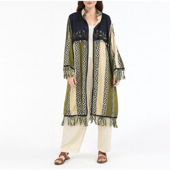 L’affaire Sweaters - L’affaire Rayon Robe Jacket Indian Elephant Trim Boho Festival Kimono One Size